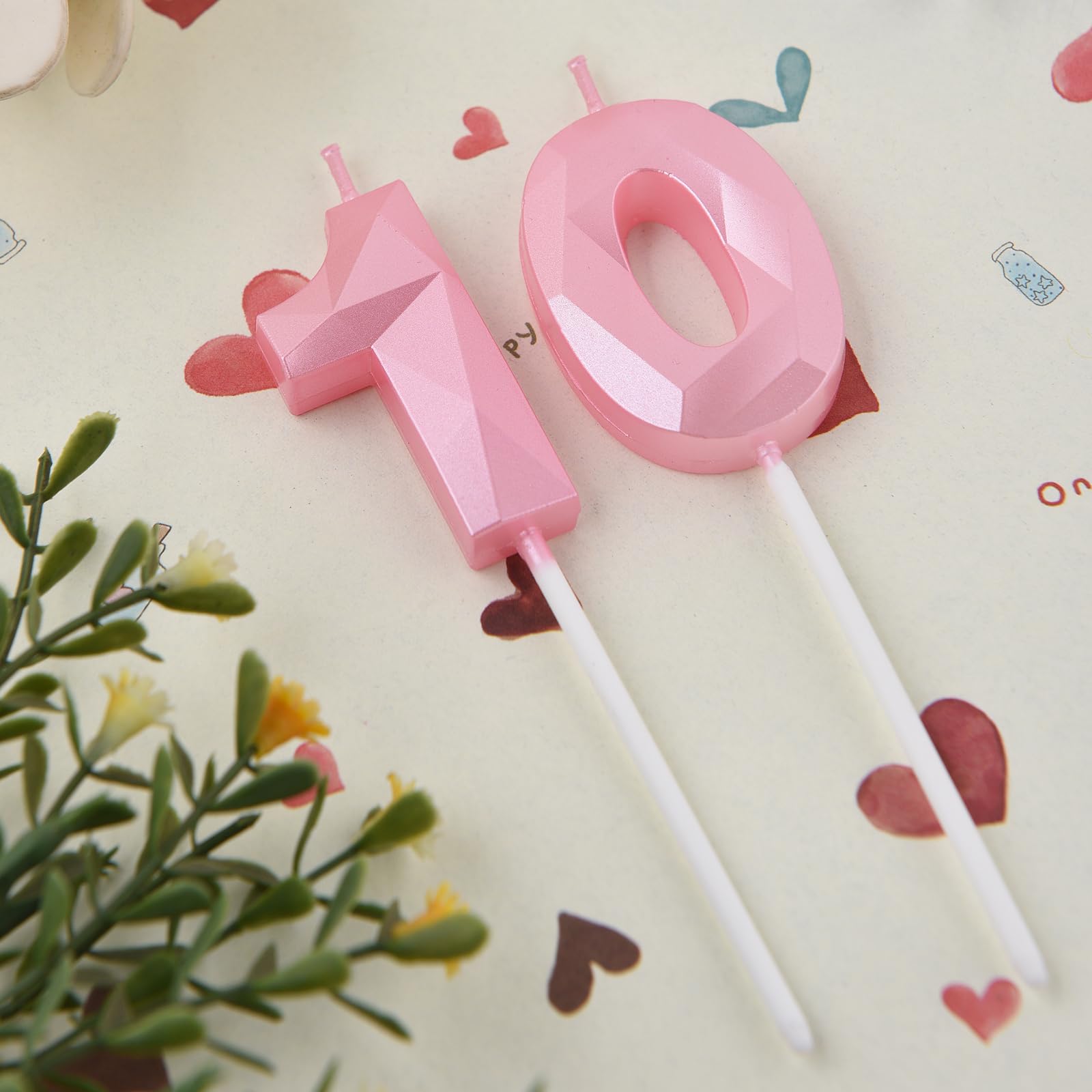 2 inch Pink 10 Birthday Candles, 3D Diamond Number 10 Cake Topper for Boys Girls Birthday Party Decorations Theme Party