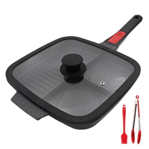 bobikuke 3 section grill pan for stove tops with detachable handle, nonstick versatile griddle pan with lid, square skillet pfoa free, black