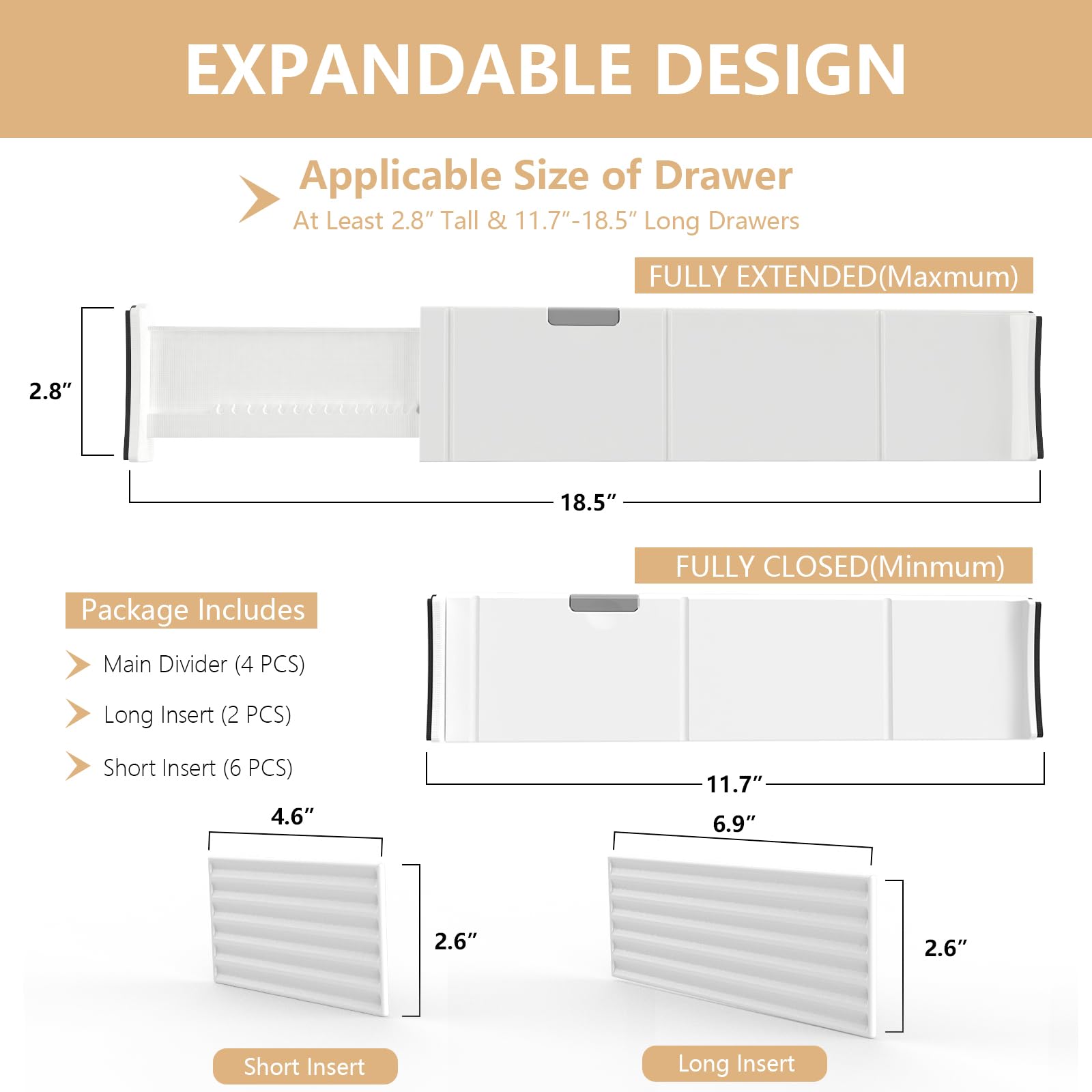 KABUM Adjustable Drawer Divider Organizer Clothes Dresser Organizer,Expandable Organization for Home, Office,2.8" High Expandable from 11.7" to 18.5",4 Dividers with 6 Short and 2 Long Inserts