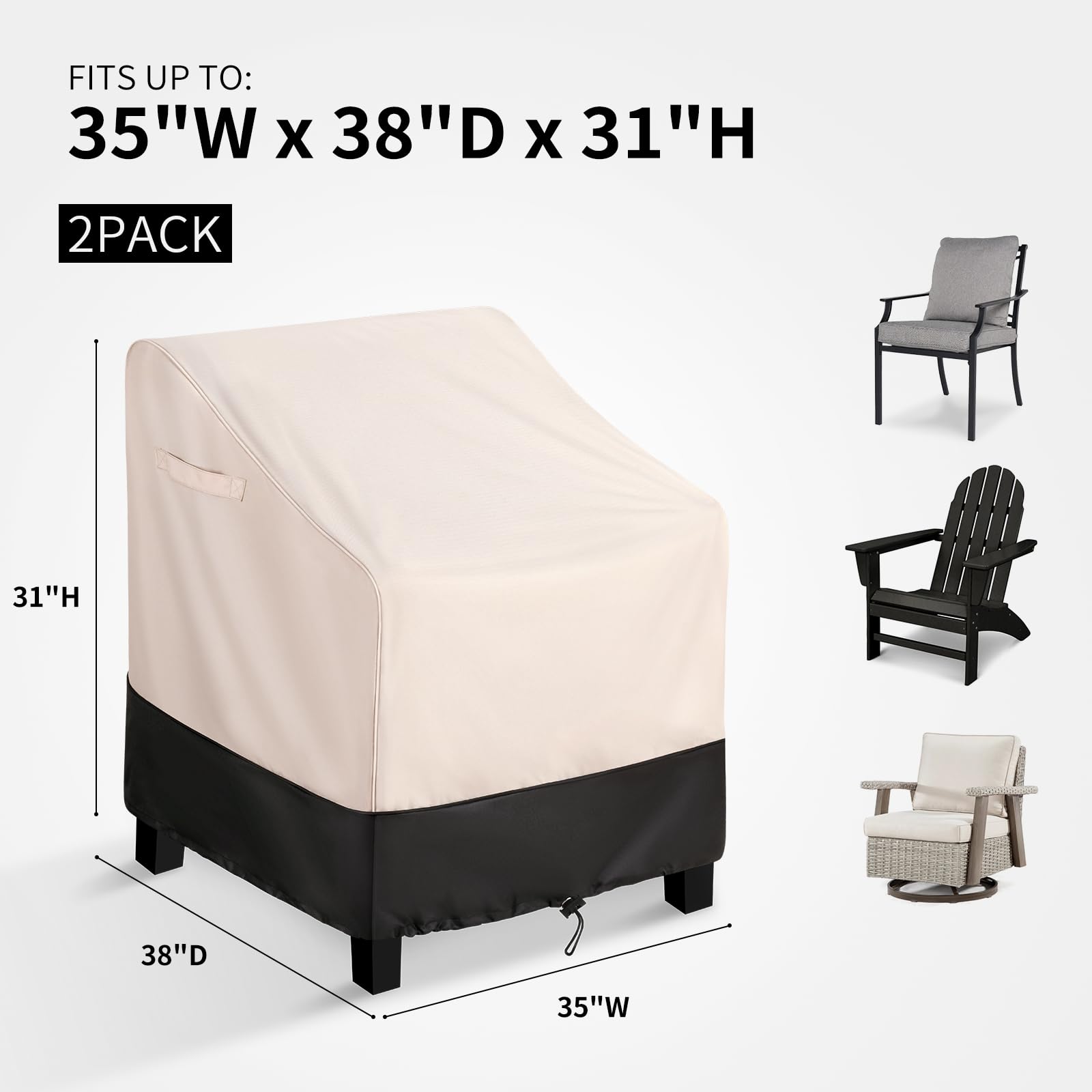 BOLTLINK Patio Furniture Covers Waterproof for Chairs, Heavy Duty Outdoor Lawn Chair Covers 2 Pack Fits up to 35W x 38D x 31H inches, White & Black