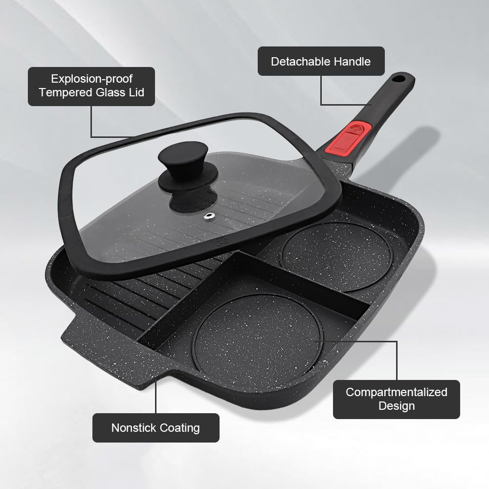 Bobikuke 3 Section Grill Pan for Stove Tops with Detachable Handle, Nonstick Versatile Griddle Pan with Lid, Square Skillet PFOA Free, Black