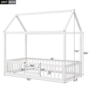 Twin Bed Frames with Fence and Door Roof, Pine House Shaped Montessori Floor Mattress Foundation for Kids Girls Boys