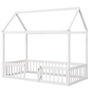 Twin Bed Frames with Fence and Door Roof, Pine House Shaped Montessori Floor Mattress Foundation for Kids Girls Boys