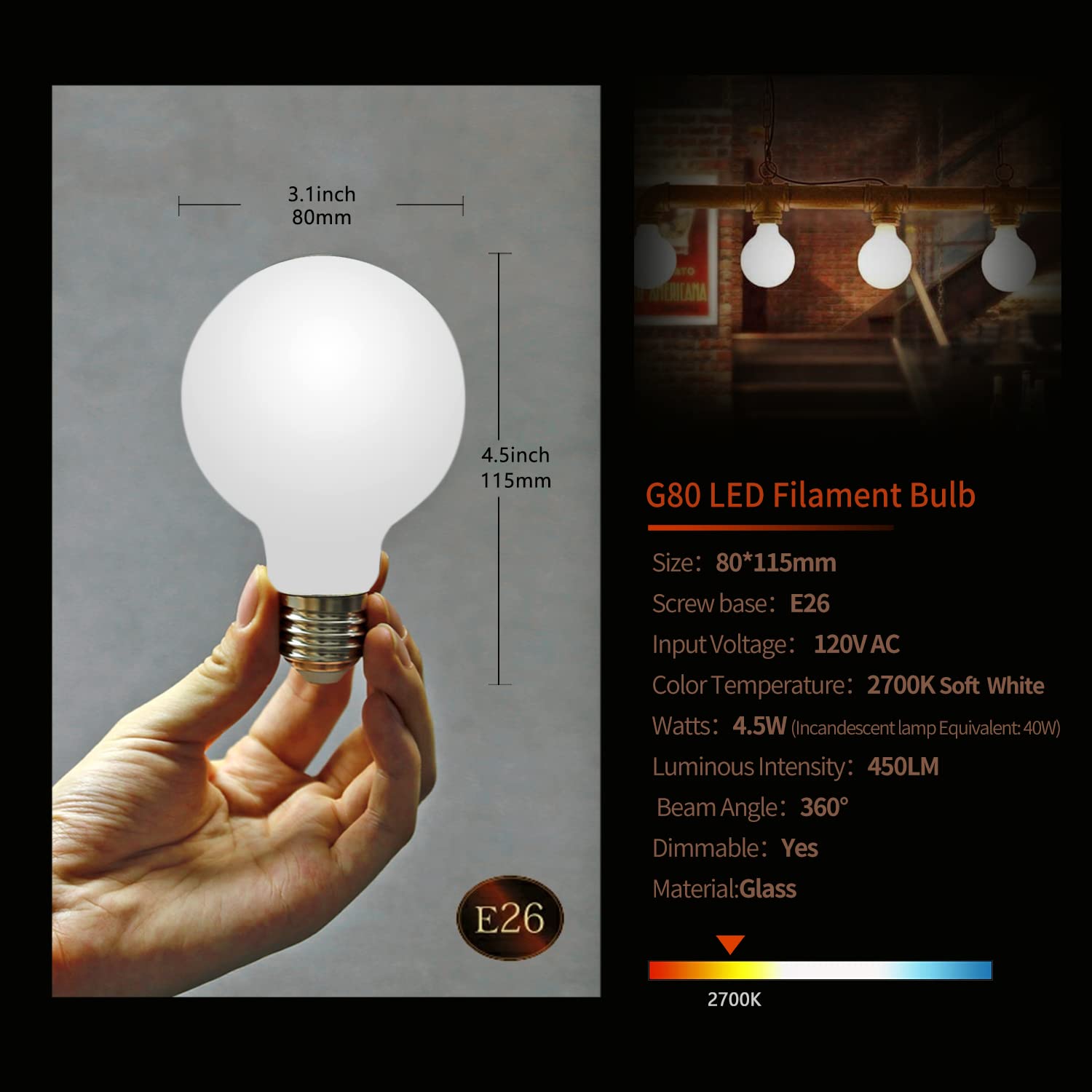 6 Pack G25 Globe LED Light Bulbs, Dimmable LED Edison Bulbs 5W Equivalent 40 Watt, Warm White 2700K, 450LM, E26 Base, Milky LED Filament Bulbs for Bedroom Makeup Mirror Lights Led Bathroom Lights