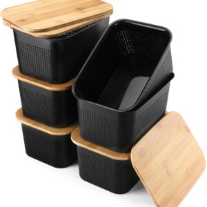 NEATJELAI Storage Bins With Lids 6 Packs Plastic Storage Containers With Bamboo Lids Stackable Storage Baskets for Organizing Desktop Closet Playroom Classroom Office,Black,10.8" L x 7.3" W x 5.1" H