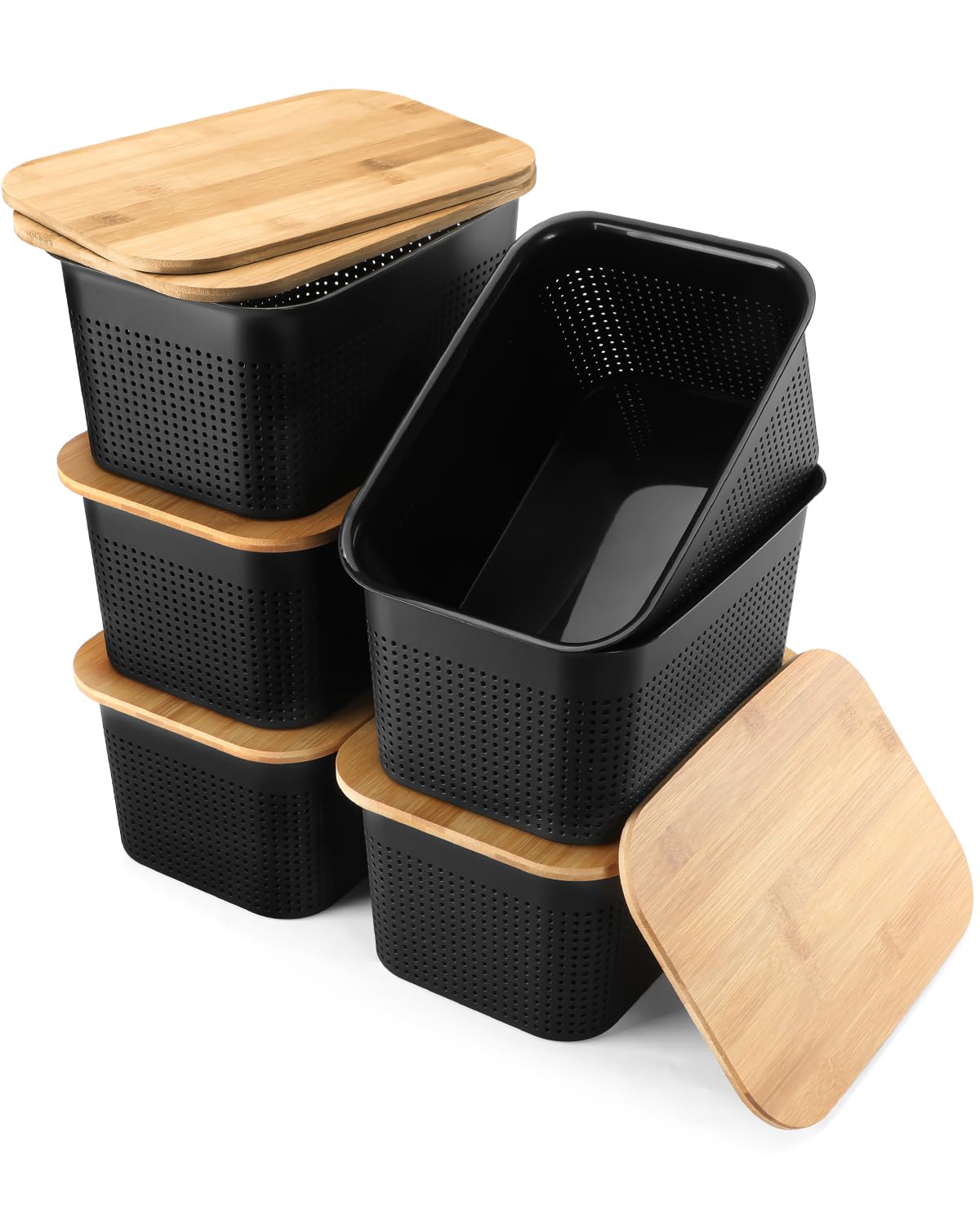 NEATJELAI Storage Bins With Lids 6 Packs Plastic Storage Containers With Bamboo Lids Stackable Storage Baskets for Organizing Desktop Closet Playroom Classroom Office,Black,10.8" L x 7.3" W x 5.1" H