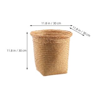 GANAZONO Straw Woven Trash Can, Wicker Waste Bin 12 Inch Small Handmade Planter Rustic Flower Pot Round Waste Basket Farmhouse Garbage Can for Bathroom Desktop Rubbish