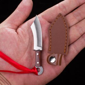 SZHOWORLD Ultra Minimal Fixed Blade Knife, 1.37 inch 5Cr15 Steel Blade with Stainless Steel+Wood Handle, Mini Knife/Box Cutter with Leather Sheath for EDC Gift Tools