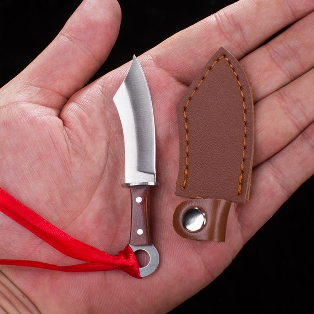 SZHOWORLD Ultra Minimal Fixed Blade Knife, 1.37 inch 5Cr15 Steel Blade with Stainless Steel+Wood Handle, Mini Knife/Box Cutter with Leather Sheath for EDC Gift Tools