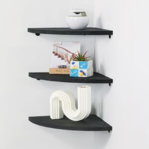 Joiishom Corner Wall Shelf Set of 3, Floating Corner Shelves for Wall, Rustic Wood Wall Storage Display Shelves for Living Room Bedroom Bathroom Kitchen (Round Edge-Black)