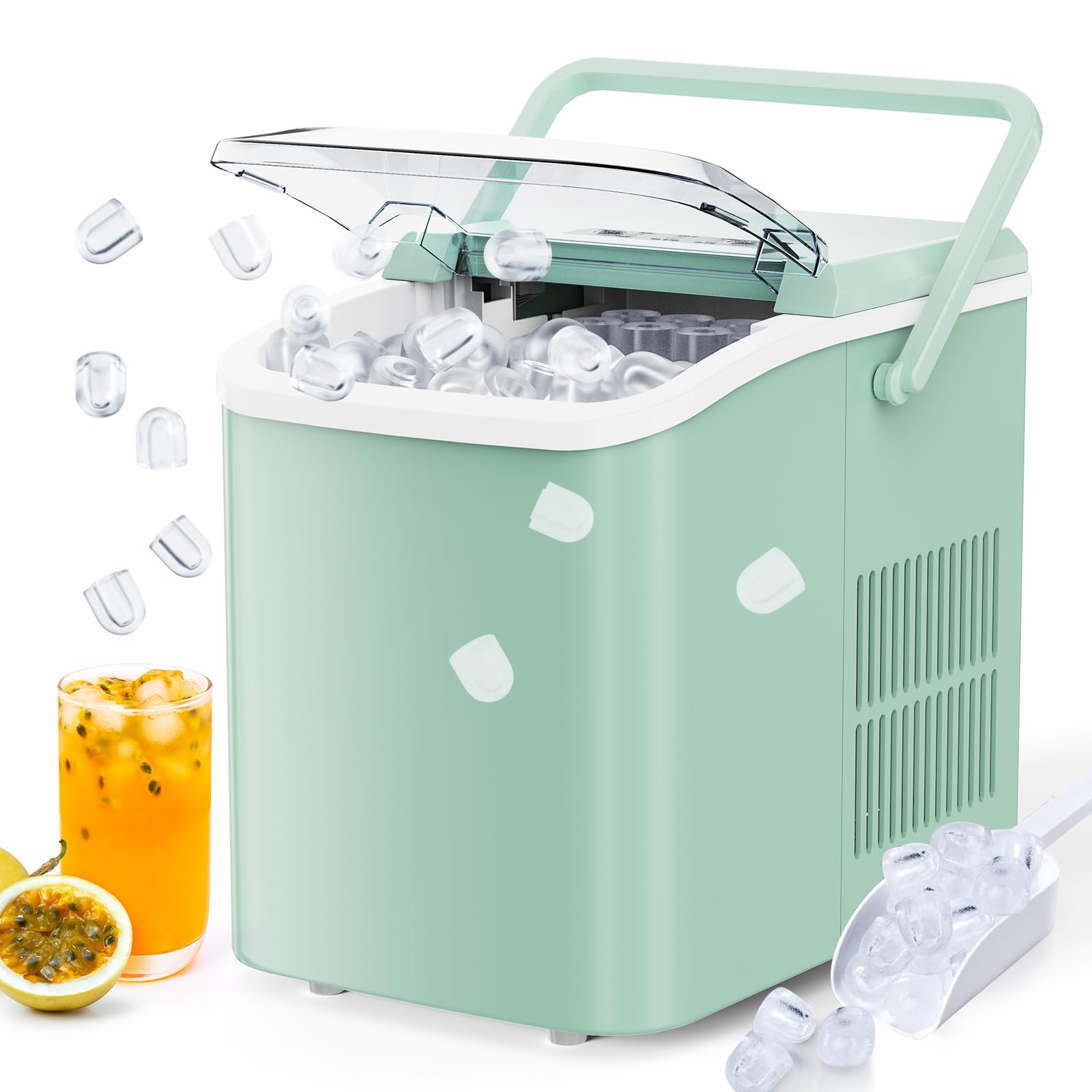 DUMOS Countertop Ice Maker, Portable Ice Machine Self-Cleaning, 9 Cubes in 6 Mins, 26.5lbs/24Hrs, 2 Sizes of Bullet Ice, with Ice Scoop, Basket and Handle, Ice Cube Maker for Home Kitchen Party,Green