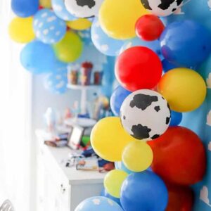 Toy Inspired Story Balloons, 12 Inch Red Blue Yellow Balloons With Cow Print Sky Blue Cloud Balloons For Kids Boys Girls Inspired Story Party Themed Party Decor Decorations