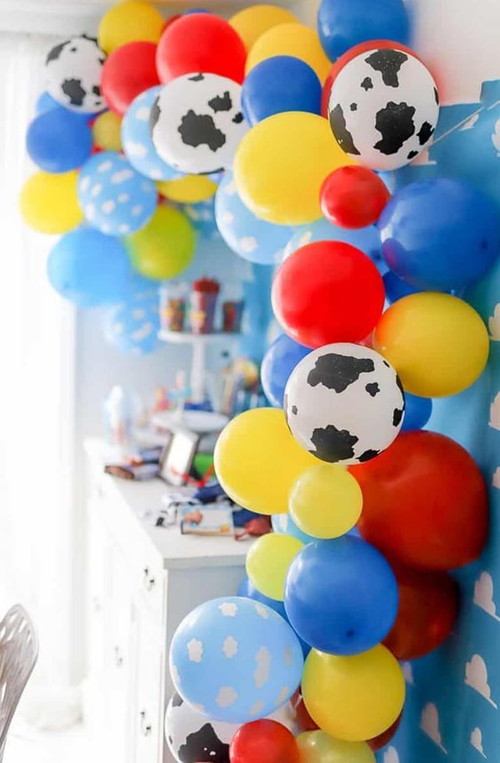 Toy Inspired Story Balloons, 12 Inch Red Blue Yellow Balloons With Cow Print Sky Blue Cloud Balloons For Kids Boys Girls Inspired Story Party Themed Party Decor Decorations