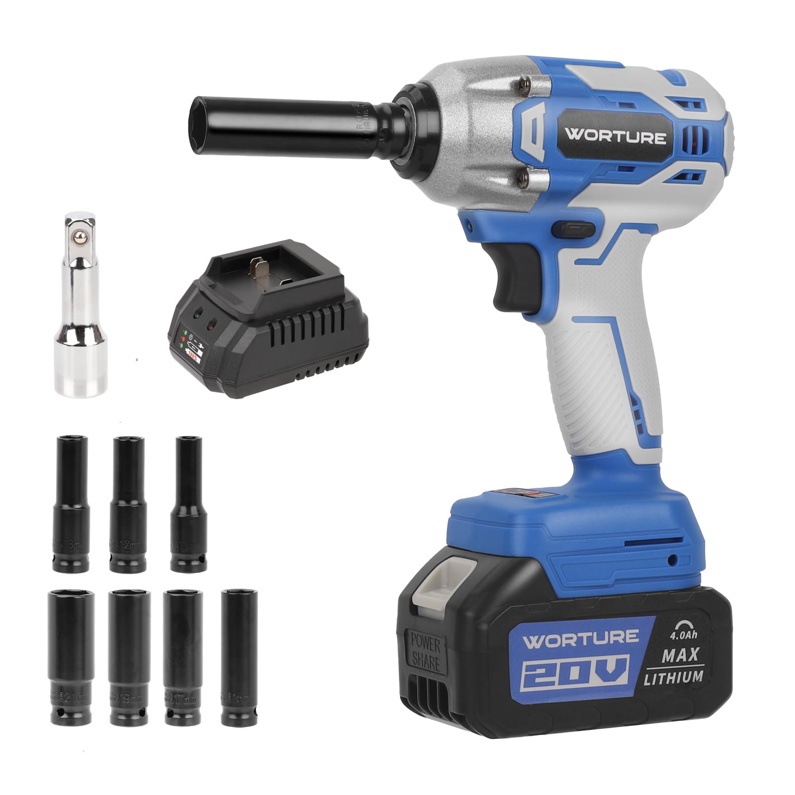 Worture Cordless Impact Wrench Kit - 1/2" Brushless Impact Gun w/Max Torque (320N.m) Power Impact Wrench w/ 4.0Ah Li-ion Battery 7 Sockets&Extension Bar for Home Improvement RV Car Repair