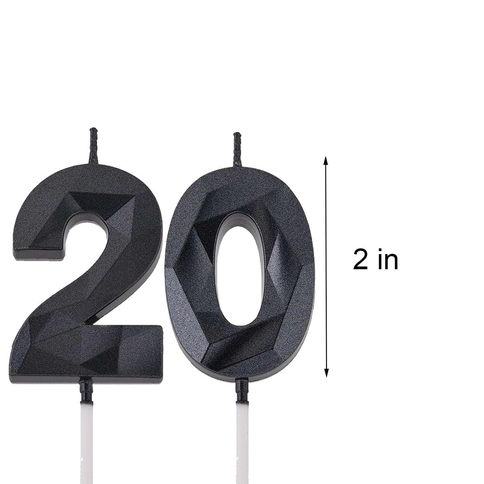 2 inch Black 20 Birthday Candles, 3D Diamond Number 20 Cake Topper for Men Women Birthday Party Decorations Theme Party