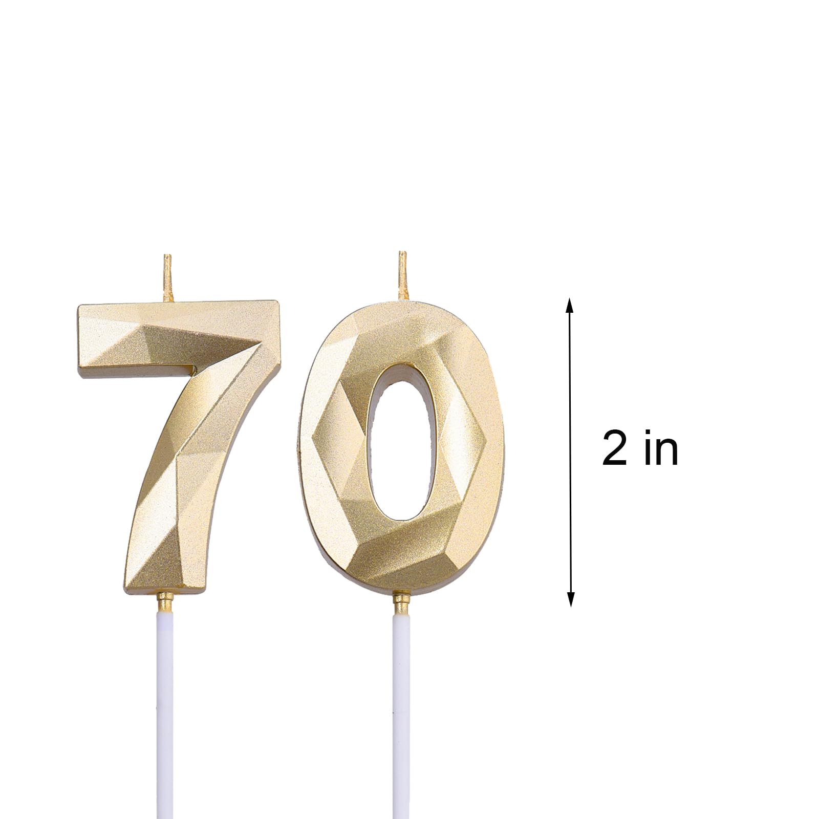 2 inch Gold 70 Birthday Candles, 3D Diamond Number 70 Cake Topper for Men Women Birthday Party Decorations Theme Party