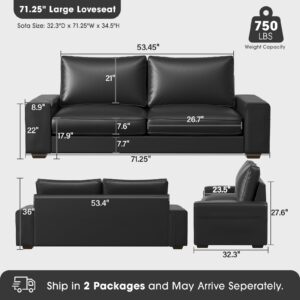 Valthie Faux Leather Couch, Mid Century Modern Comfy Loveseat Sofa with Wide Arm, Side Pockets, Solid Wooden Frame for Office, Living Room and Bedroom, 2 Seater (Black, 71.25 Inches)