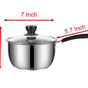 Stainless Steel Saucepan, 1.3 Quart Long Handle Milk Pot with Lid for Warming, Cooking and Boiling Milk, Spaghetti, Soup in Kitchen and Outdoor (18cm)