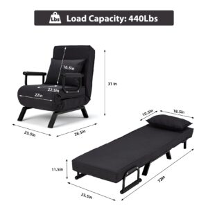 Haddockway 3-in-1 Convertible Sofa Bed Sleeper Chair with Pillow,Folding Versatile Upholstered Armchair,Adjustable Leisure Chaise with 6 Positions,Lazy Bed Lounge Recliner for Home,Office (Black)