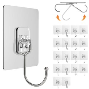 Lsnisni 20 Pack Large Adhesive Hooks, Wall Hooks for Hanging Heavy Duty 22Ib(Max), Clear and Removable Strong Sticky Hooks, Waterproof and Rustproof Multiple Uses for Bathroom Kitchen Office