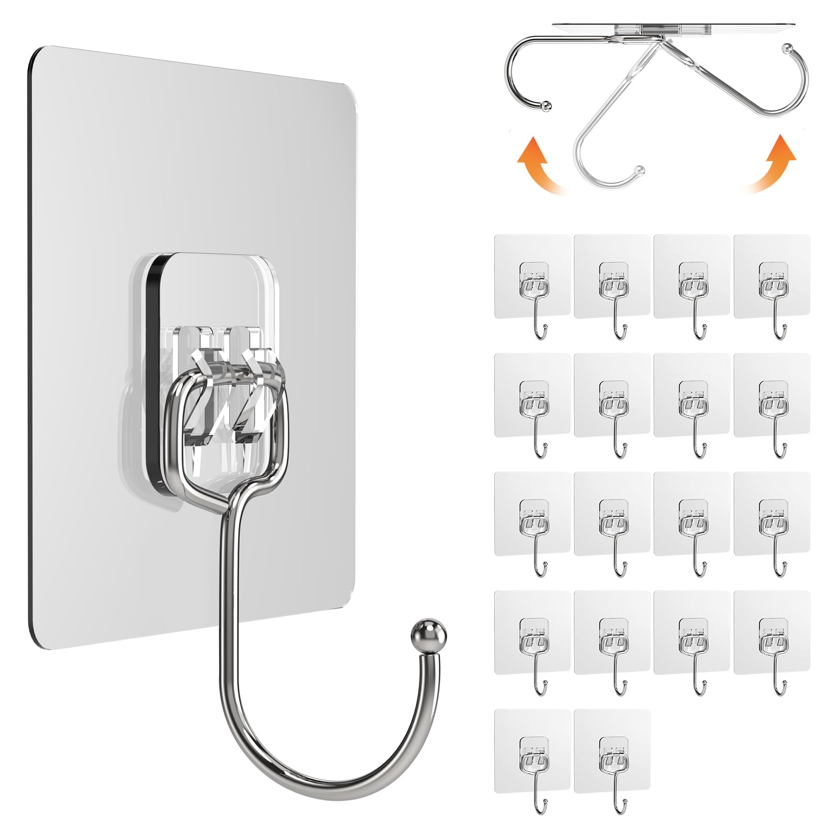 Lsnisni 20 Pack Large Adhesive Hooks, Wall Hooks for Hanging Heavy Duty 22Ib(Max), Clear and Removable Strong Sticky Hooks, Waterproof and Rustproof Multiple Uses for Bathroom Kitchen Office