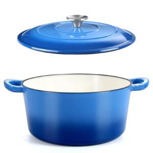 hasteel 6 quart cast iron dutch oven, pre-seasoned enamel cooking stock pot with lid, non-stick round cookware for sourdough bread baking roasting stewing braising frying, heavy duty & oven safe(blue)