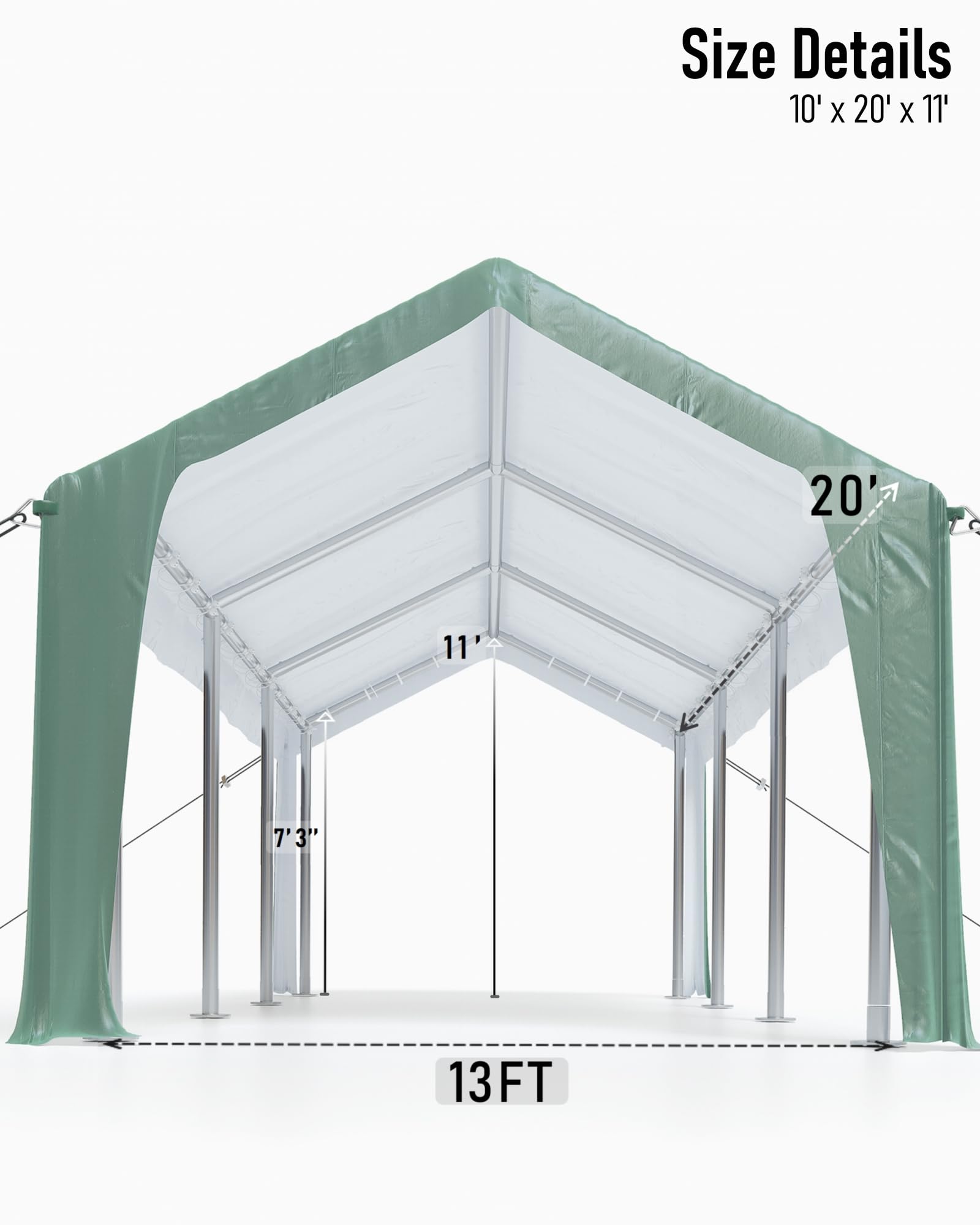 DEXSO Carport 13'x20' Heavy Duty Portable Garage, 1.0 mm Steel Poles & 180 g PE Waterproof Canopy, for Pickup Truck, and Boat, Green