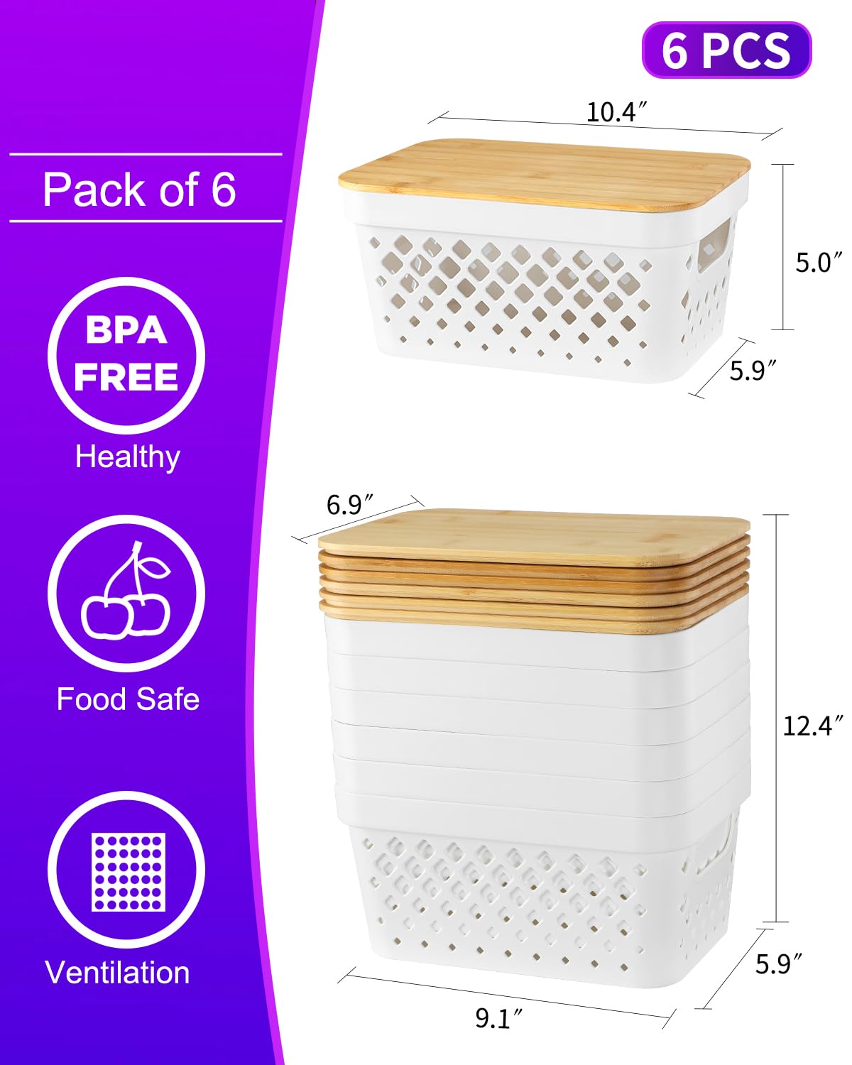 Small Storage Bins with Lids-Plastic Storage Containers Storage Baskets for Organizing Desktop Closet Playroom Classroom Office,Set of 6，White