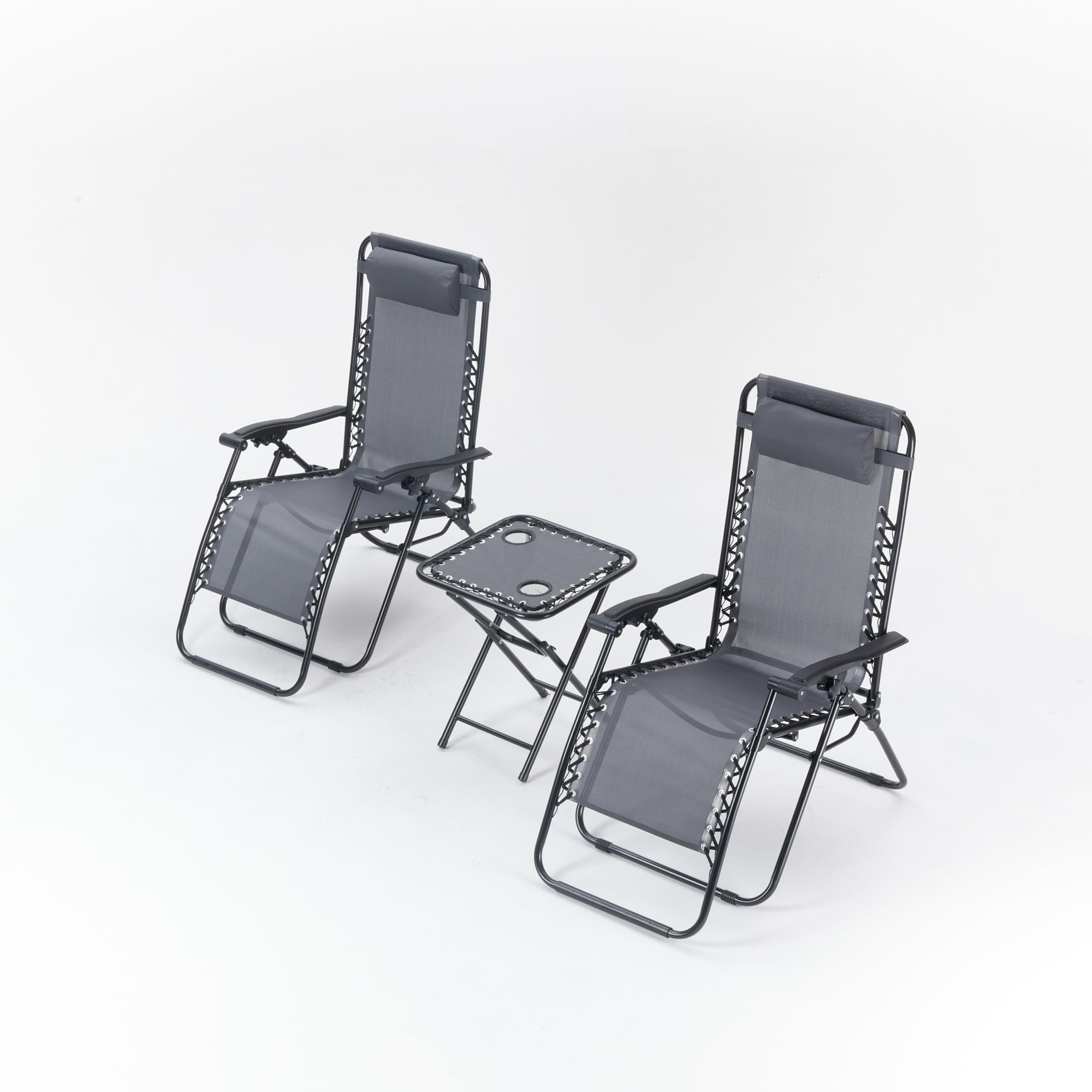 Divano Roma Furniture Set of 2 Outdoor Adjustable Zero Gravity Lounge Chair Table, Folding Patio Recliner with Headrest, Side Tray, Grey