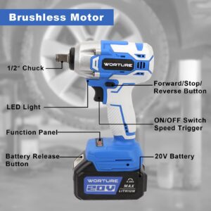 Worture Cordless Impact Wrench Kit - 1/2" Brushless Impact Gun w/Max Torque (320N.m) Power Impact Wrench w/ 4.0Ah Li-ion Battery 7 Sockets&Extension Bar for Home Improvement RV Car Repair