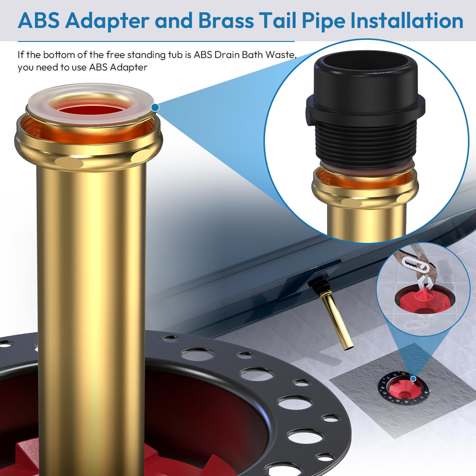 ABS Freestanding Tub Drain Rough-in Kit, ABS Plastic Adapter, Bathtub Drain Kit with Brass Tail Pipes, Compatible with Freestanding Bathtub, Floor Mounted Bathtub and Copper Bathtub