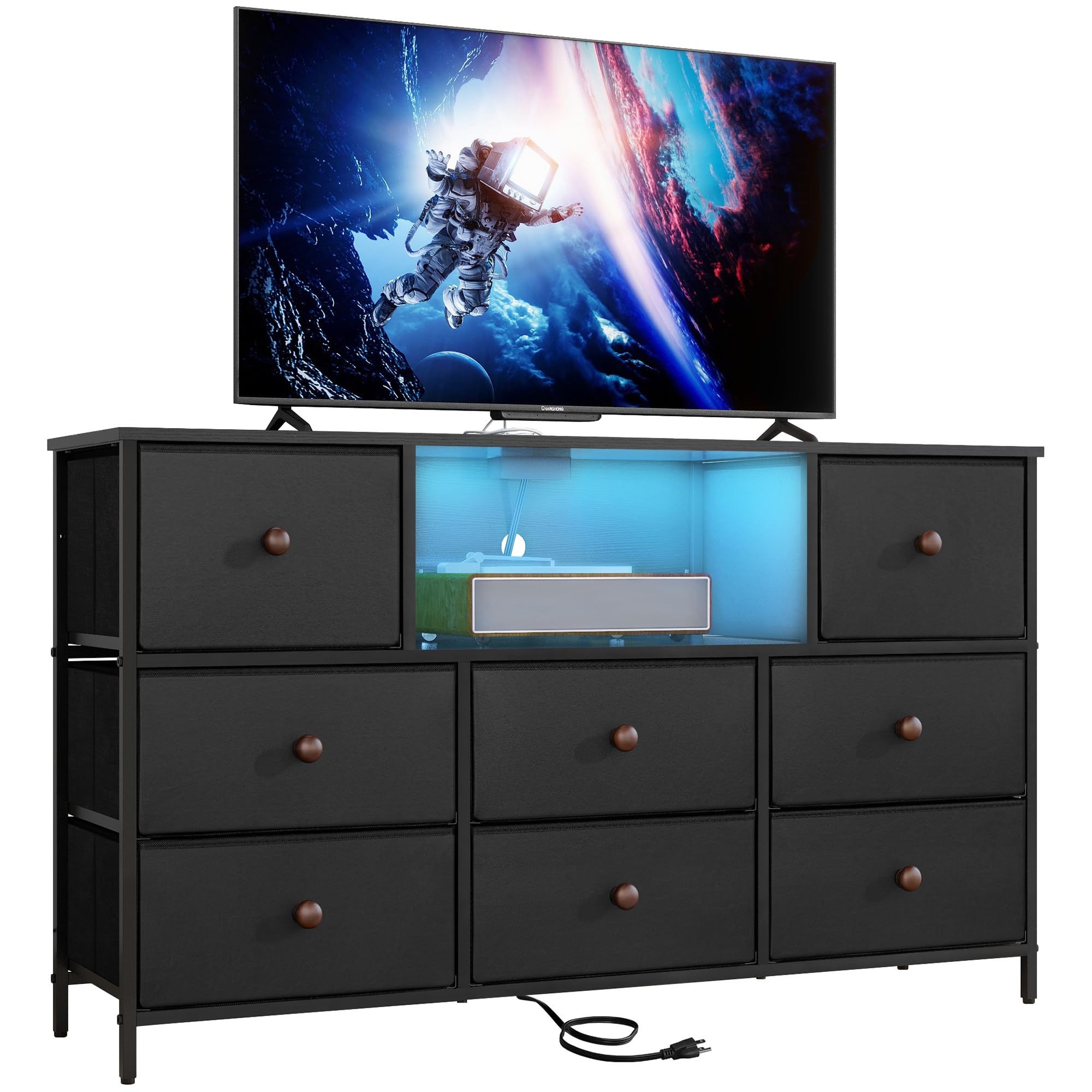 LYNCOHOME Black Dresser with Power Outlets and LED Lights, 43" W Dresser TV Stand with 8 Drawers, Fabric Chest of Drawers for Bedroom, Living Room, Entryway