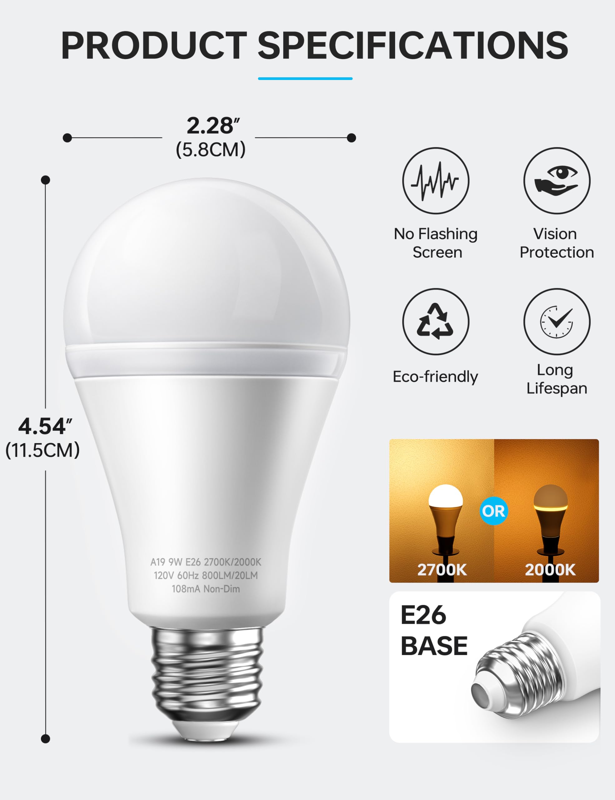 KINDEEP Sleep Light Bulb, 0.5W Amber Light Bulbs, 20lm 2000K, 2 Modes Bulb, 9W Equivalent 60W, 800lm, 2700K, E26 Blue Light Blocking Dim Lightbulbs for Lamp, Bderoom, Mood Soothing, Nursery, 4 Pack