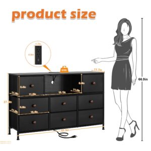 LYNCOHOME Black Dresser with Power Outlets and LED Lights, 43" W Dresser TV Stand with 8 Drawers, Fabric Chest of Drawers for Bedroom, Living Room, Entryway