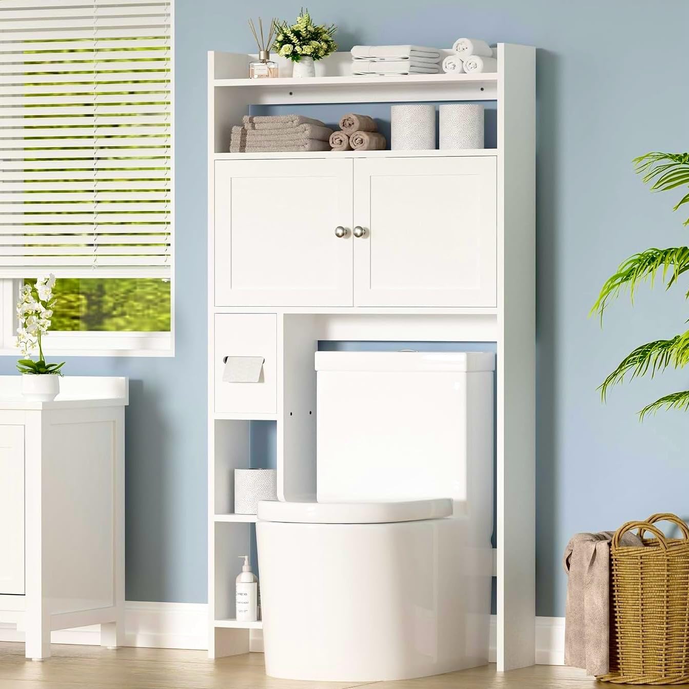 IdeaKey Over The Toilet Storage Cabinet with Toilet Paper Holder Stand, 7-Tier Freestanding Bathroom Over Toilet Storage with Shelves and Doors, Behind Toilet Storage Cabinet, White