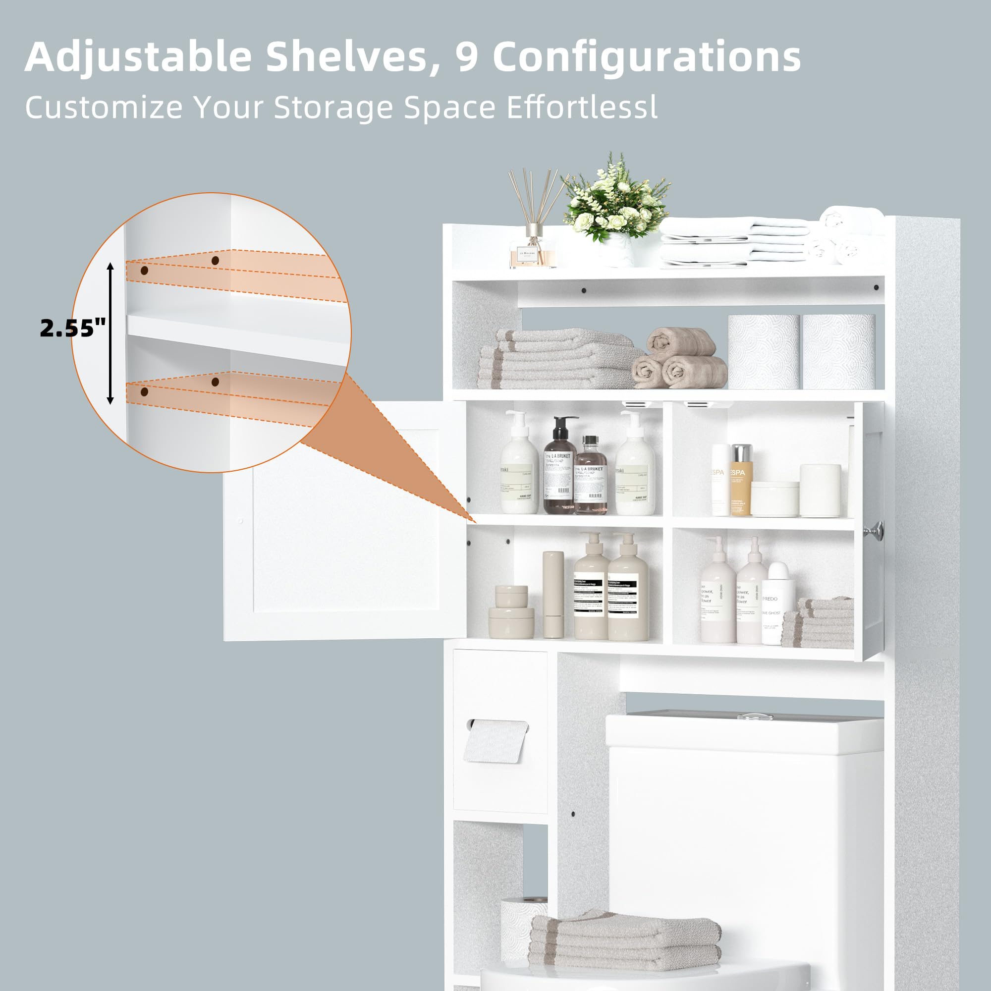 IdeaKey Over The Toilet Storage Cabinet with Toilet Paper Holder Stand, 7-Tier Freestanding Bathroom Over Toilet Storage with Shelves and Doors, Behind Toilet Storage Cabinet, White