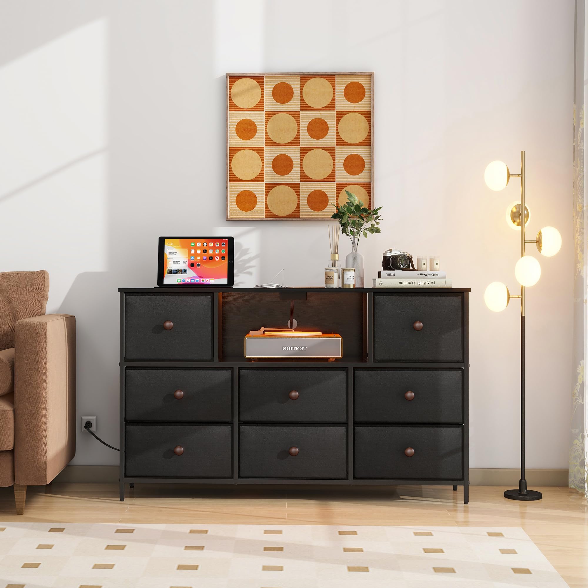 LYNCOHOME Black Dresser with Power Outlets and LED Lights, 43" W Dresser TV Stand with 8 Drawers, Fabric Chest of Drawers for Bedroom, Living Room, Entryway