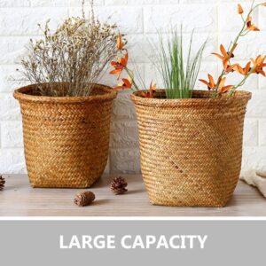 GANAZONO Straw Woven Trash Can, Wicker Waste Bin 12 Inch Small Handmade Planter Rustic Flower Pot Round Waste Basket Farmhouse Garbage Can for Bathroom Desktop Rubbish