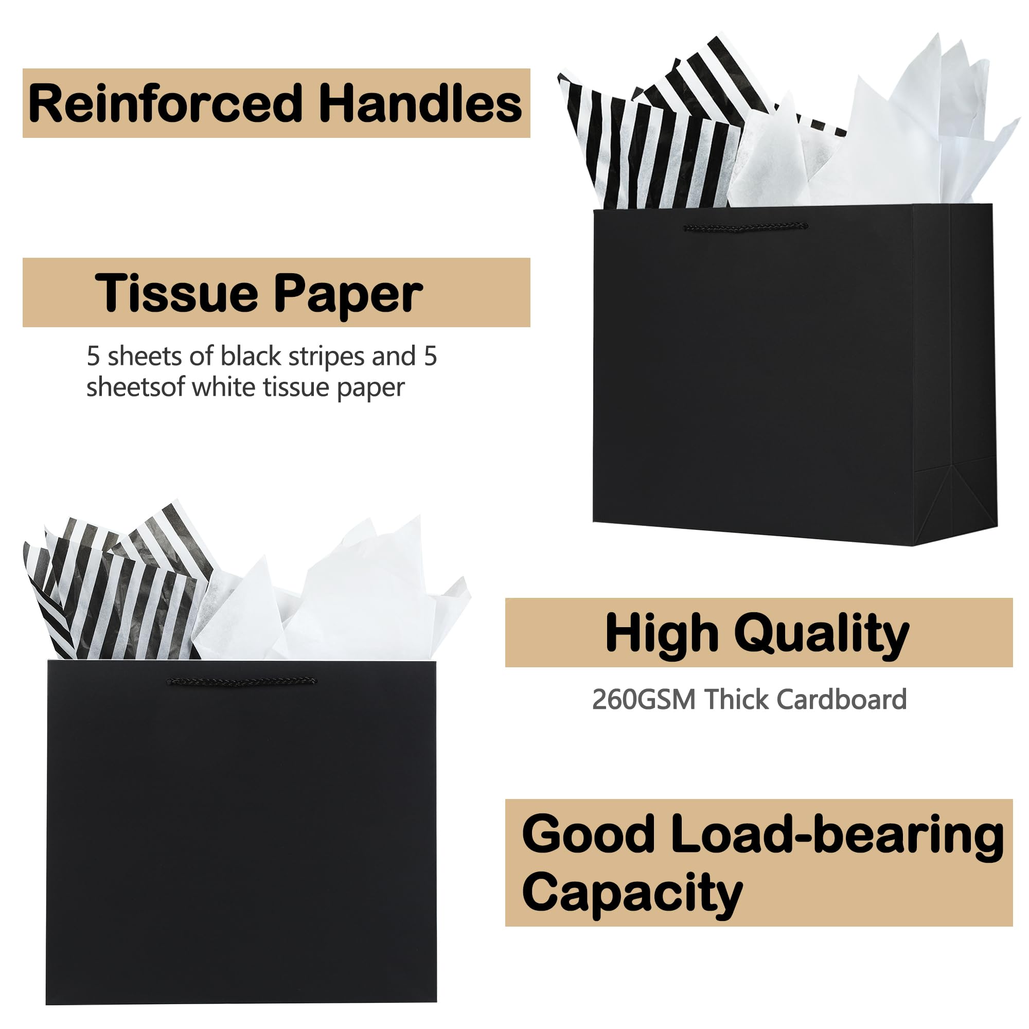 Offizon 12 Pcs Black Gift Bags, Gift Bags with Tissue Paper (4 Small 6", 4 Medium 8.7", 4 Large 12.6"), Paper Bags with Handles for Birthdays and Holidays