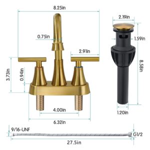 FROPO Brushed Gold Bathroom Sink Faucets - 4Inch Centerset Bathroom Faucet 2-Handle 360 Swivel Spout Gold Faucet Bathroom 2 or 3 Hole with Pop-up Drain & Supply Lines for Bathroom Vanity RV Restroom