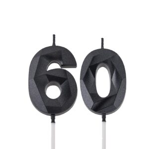 2 inch black 60 birthday candles, 3d diamond number 60 cake topper for men women birthday party decorations theme party