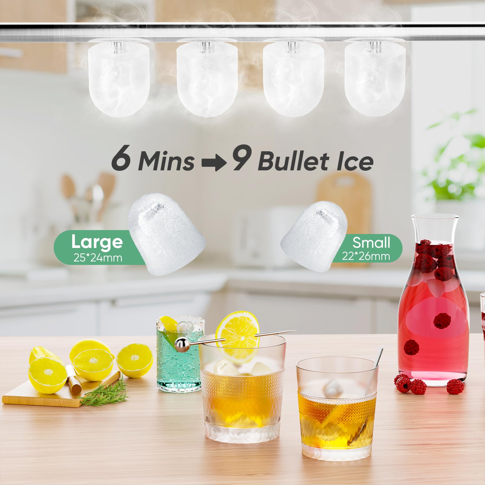 DUMOS Countertop Ice Maker, Portable Ice Machine Self-Cleaning, 9 Cubes in 6 Mins, 26.5lbs/24Hrs, 2 Sizes of Bullet Ice, with Ice Scoop, Basket and Handle, Ice Cube Maker for Home Kitchen Party,Green