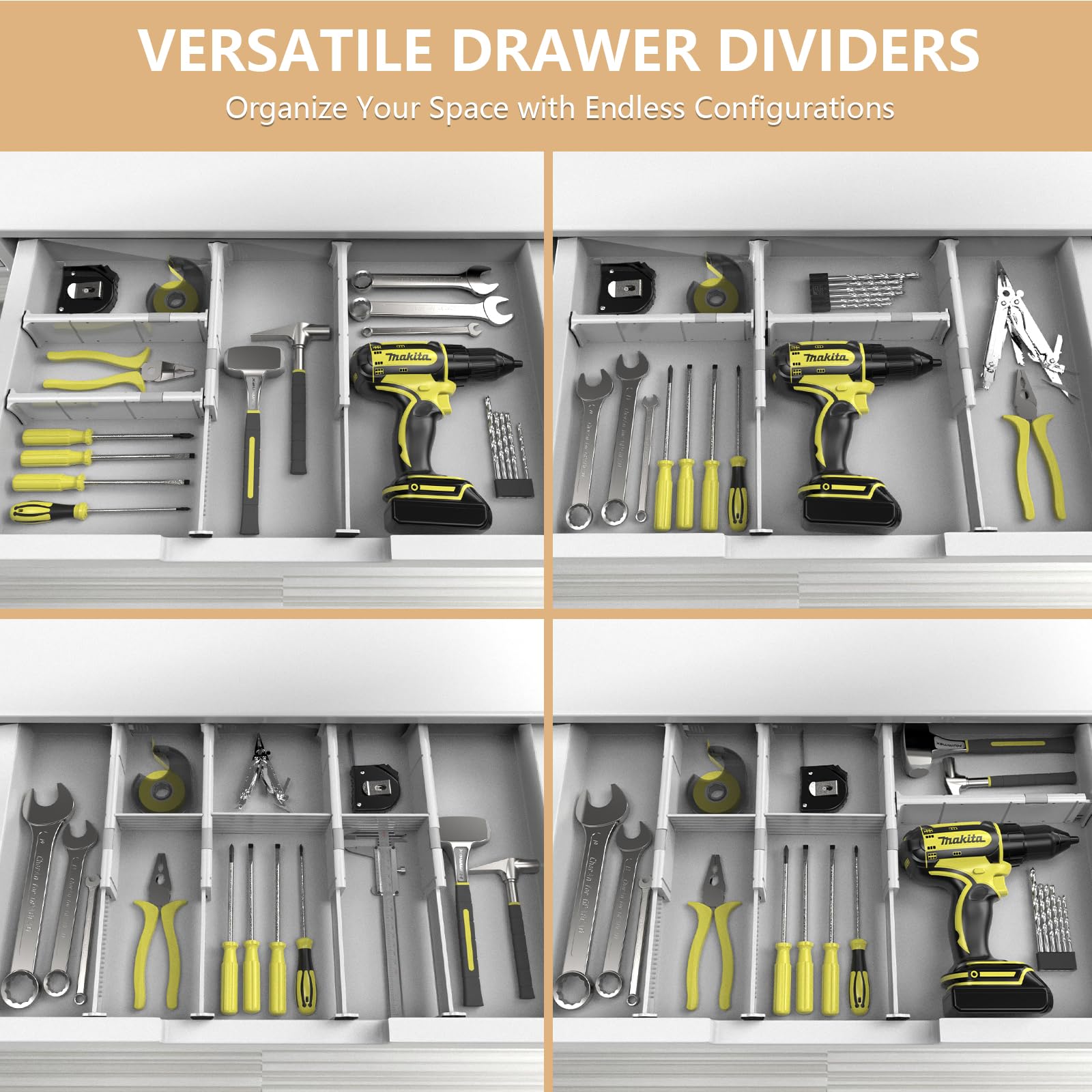 KABUM Adjustable Drawer Divider Organizer Clothes Dresser Organizer,Expandable Organization for Home, Office,2.8" High Expandable from 11.7" to 18.5",4 Dividers with 6 Short and 2 Long Inserts