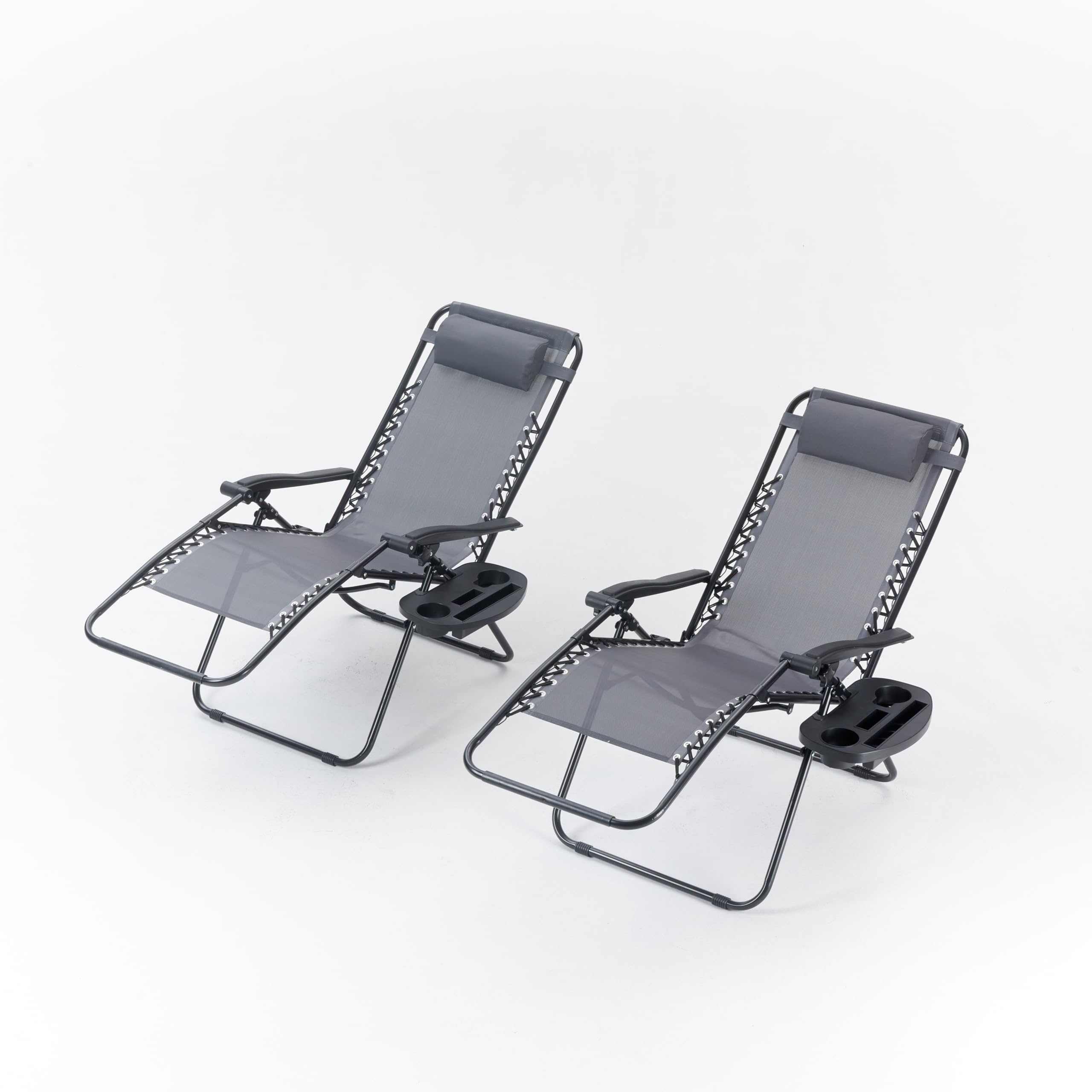 Divano Roma Furniture Set of 2 Outdoor Adjustable Zero Gravity Lounge Chair Table, Folding Patio Recliner with Headrest, Side Tray, Grey