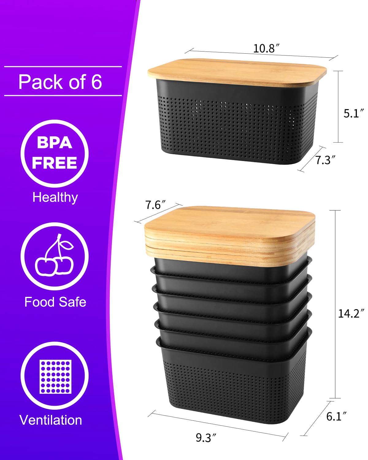 NEATJELAI Storage Bins With Lids 6 Packs Plastic Storage Containers With Bamboo Lids Stackable Storage Baskets for Organizing Desktop Closet Playroom Classroom Office,Black,10.8" L x 7.3" W x 5.1" H