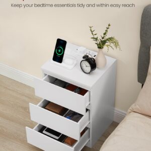 VASAGLE Nightstand with Charging Station, 2 AC Outlets and 2 USB Ports, Bedside Table, Side Table with 3 Drawers, Modern Style, 13.8 x 15.7 x 23.2 Inches, Cloud White ULET631W16