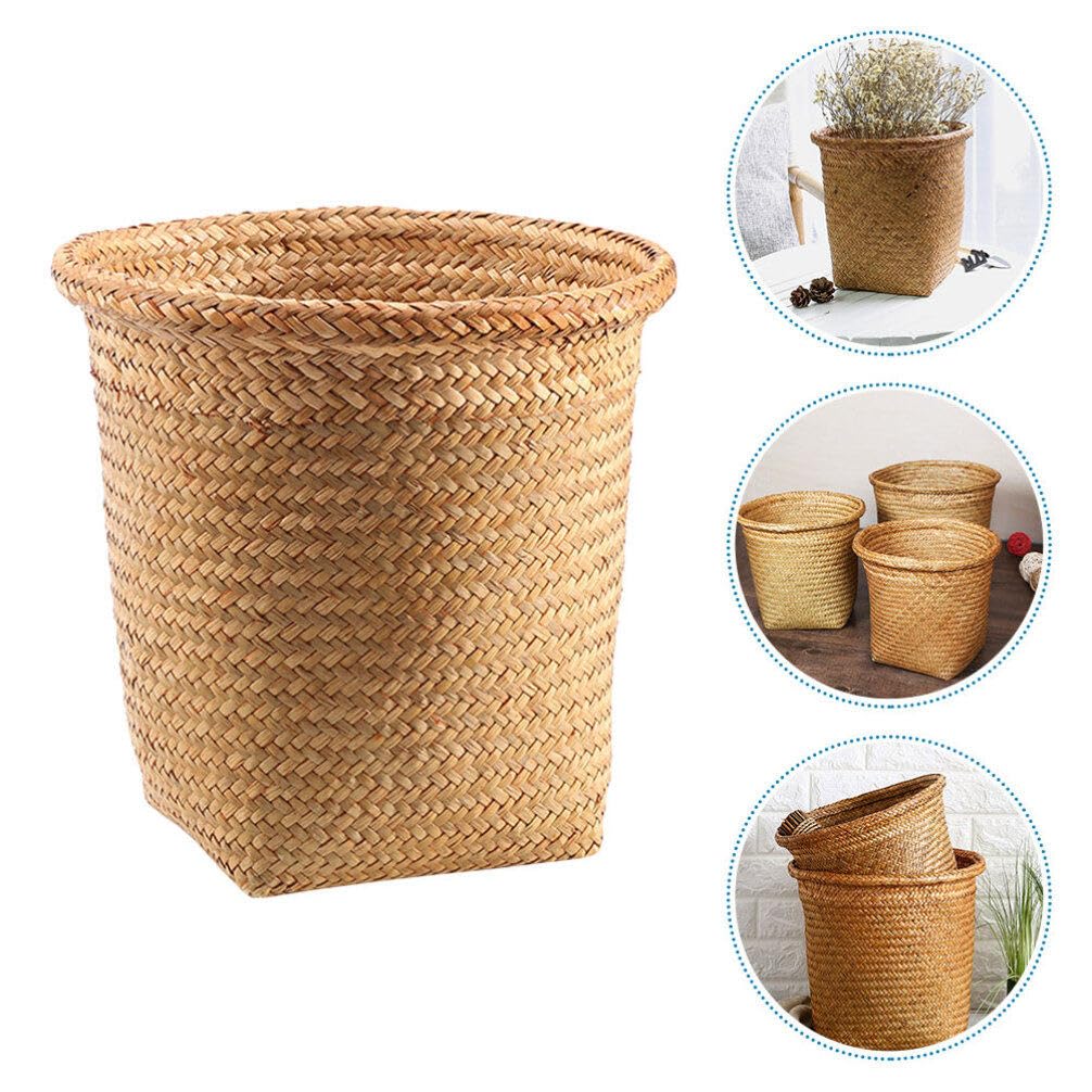 GANAZONO Straw Woven Trash Can, Wicker Waste Bin 12 Inch Small Handmade Planter Rustic Flower Pot Round Waste Basket Farmhouse Garbage Can for Bathroom Desktop Rubbish