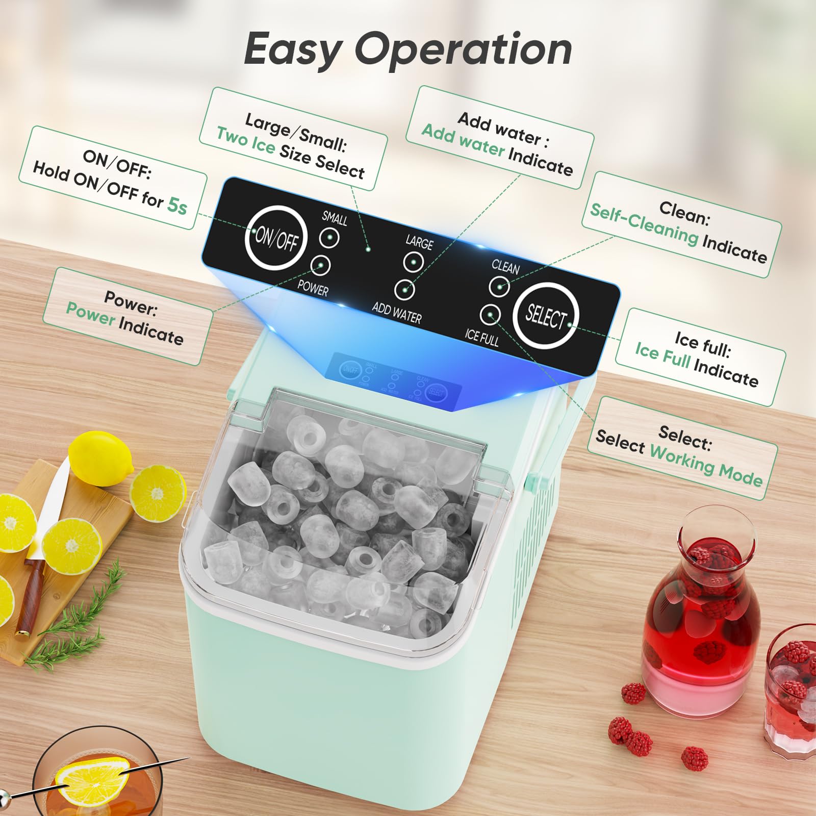 DUMOS Countertop Ice Maker, Portable Ice Machine Self-Cleaning, 9 Cubes in 6 Mins, 26.5lbs/24Hrs, 2 Sizes of Bullet Ice, with Ice Scoop, Basket and Handle, Ice Cube Maker for Home Kitchen Party,Green