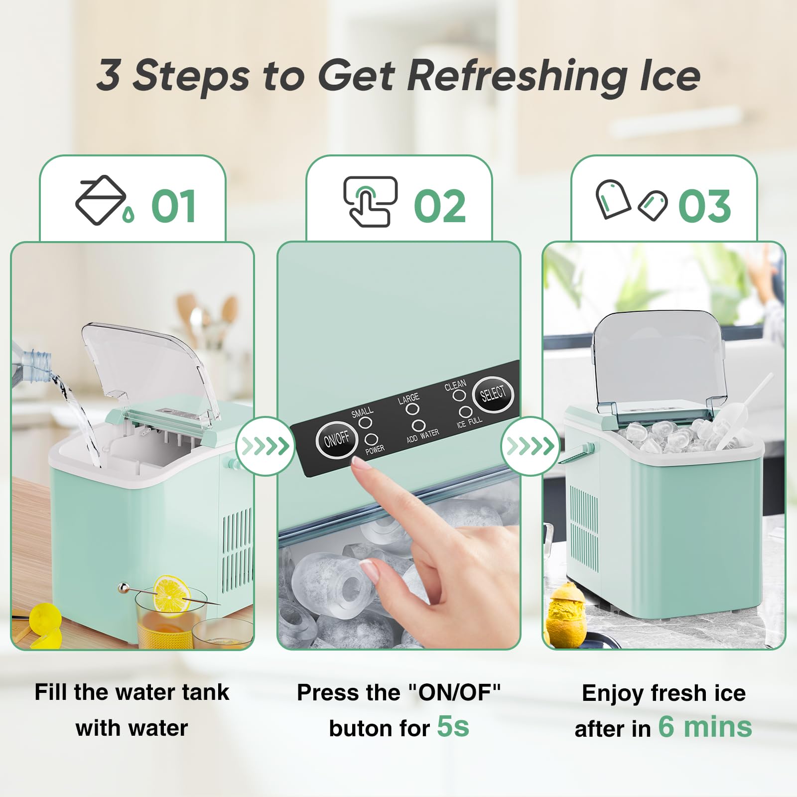 DUMOS Countertop Ice Maker, Portable Ice Machine Self-Cleaning, 9 Cubes in 6 Mins, 26.5lbs/24Hrs, 2 Sizes of Bullet Ice, with Ice Scoop, Basket and Handle, Ice Cube Maker for Home Kitchen Party,Green