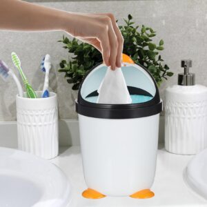 Mini Desktop Trash Can with Lid, Cute Penguin Countertop Garbage Bin, Plastic Tabletop Wastebasket for Office, Home